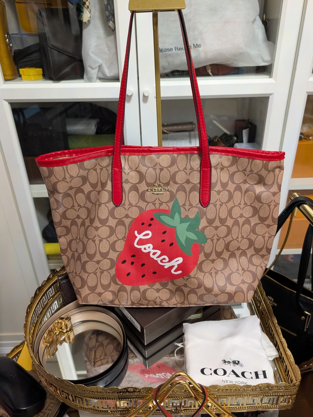 Coach Brown Signature Canvas Tote with Red Strawberry Graphic and Red Trim